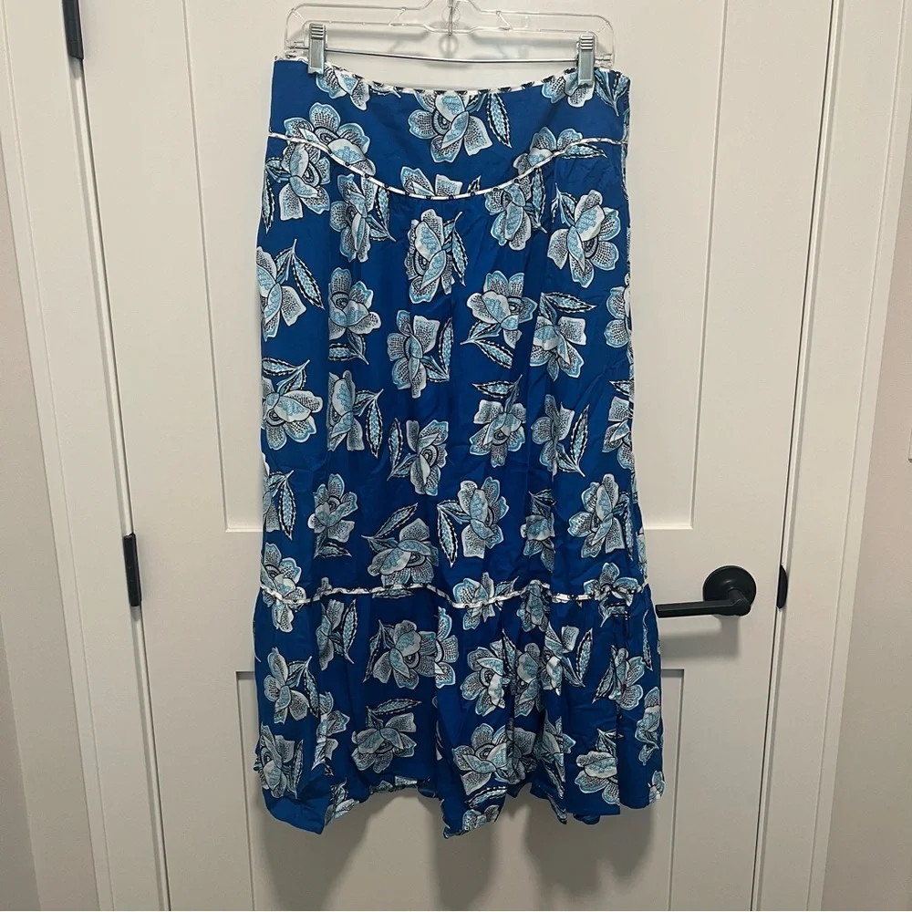$118 NWT Anthropologie 14 Maeve Alyssa Midi Skirt Blue Floral Boho Resort Linen